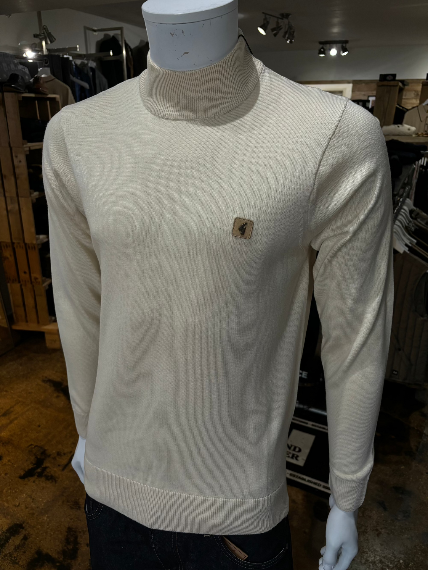 Gabicci Duke Cream Cotton Turtleneck Sweater - Front Side View on Mannequin
