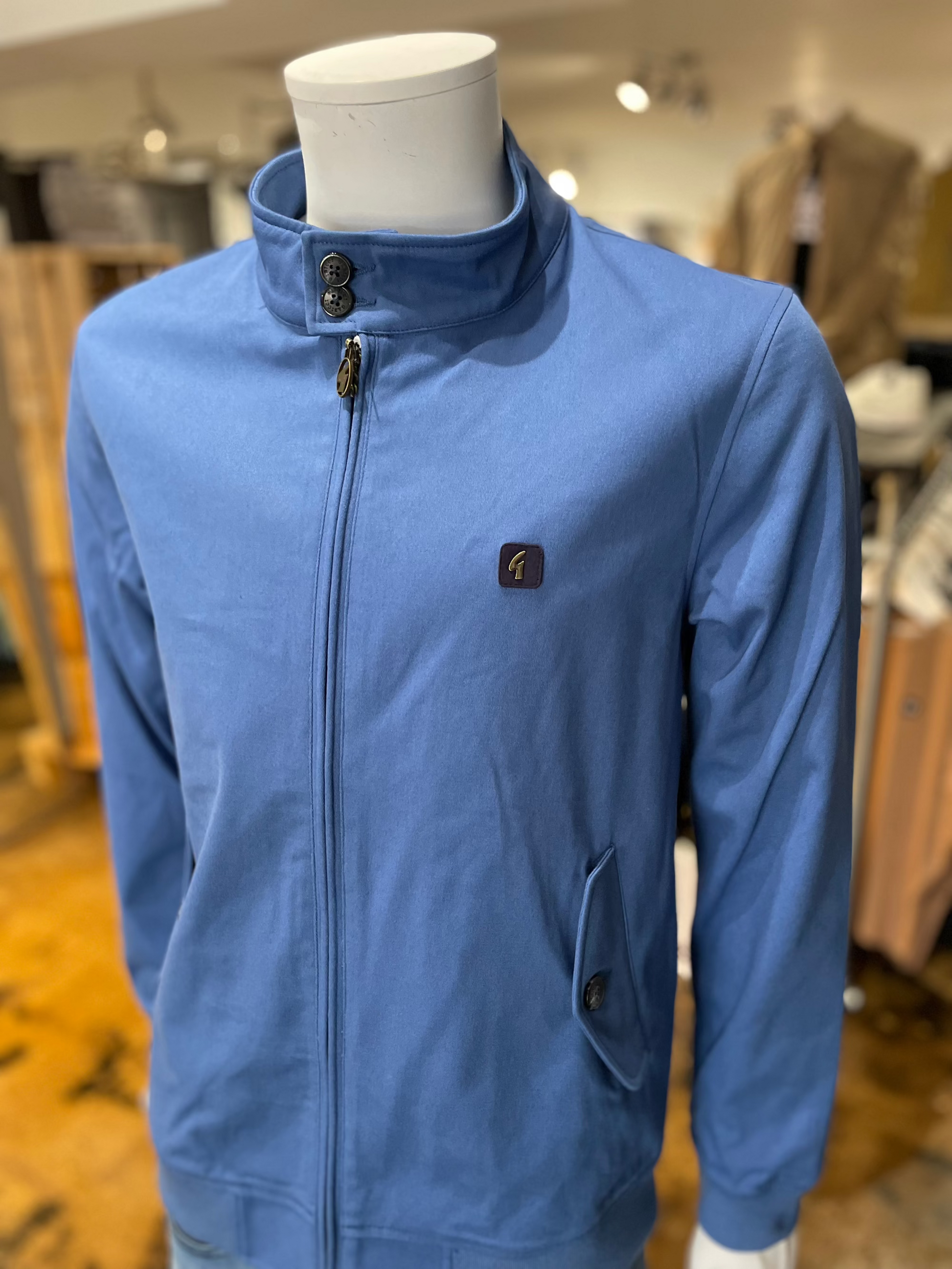 Gabicci Hamilton Blue Harrington Jacket with Red Tartan Lining - Front Side
